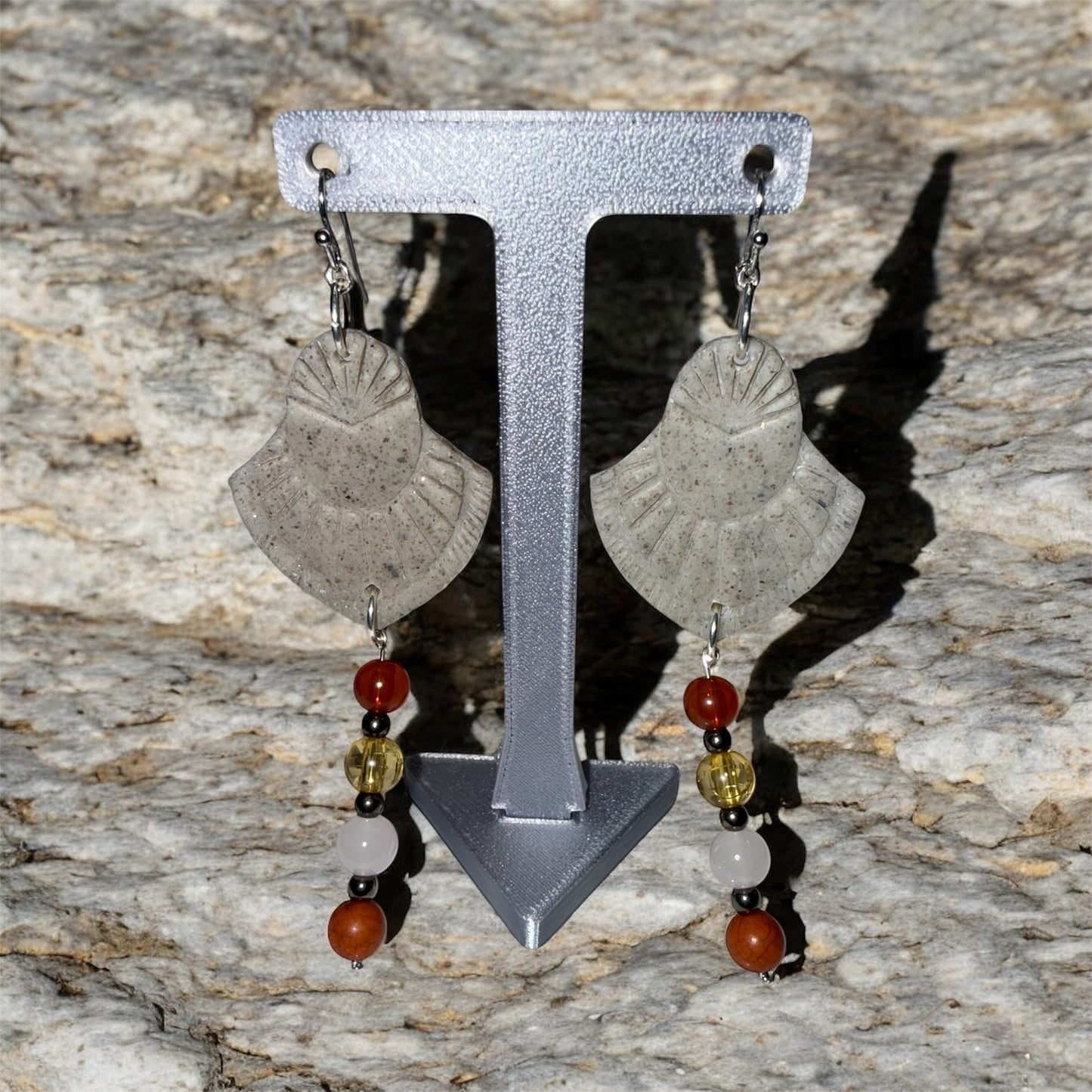Amber Balance – Granite Beaded Drop Earrings